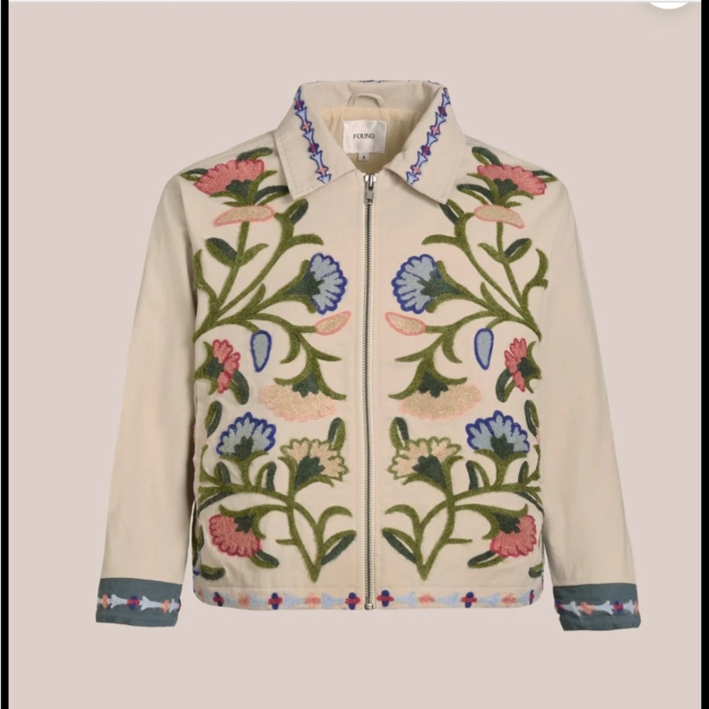 FOUND Floral Zip-Jacket FLORAL EMBROIDERED WORK JACKET in birch NWT Small - Picture 2 of 10